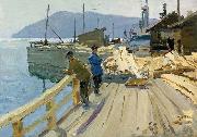 Anatoli Ilych Vasiliev Baikal Lake boat station. At the moorage oil painting reproduction